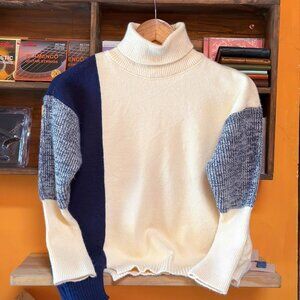 Color Block Turtleneck Sweater Navy Cream
